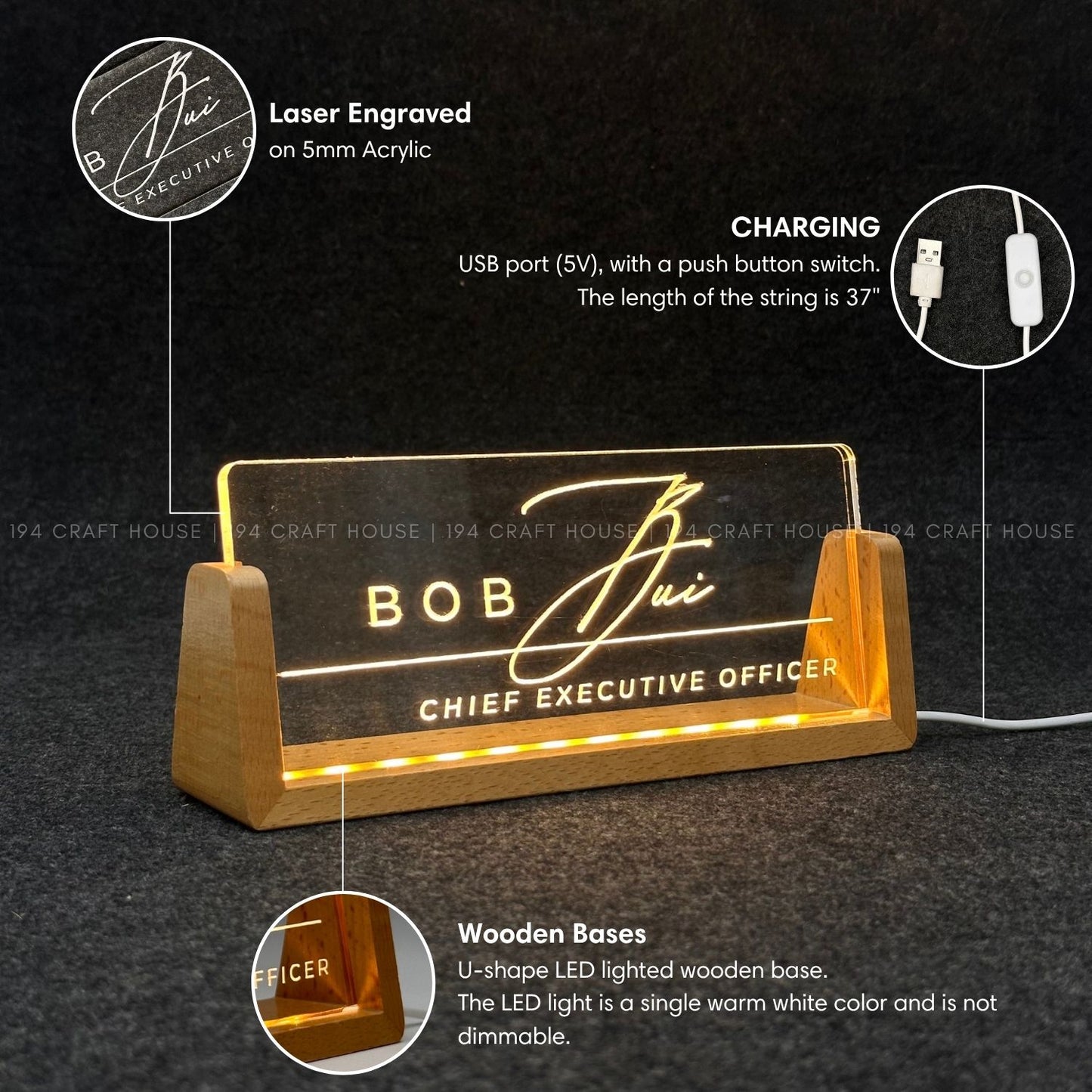 Personalized Led Acrylic Desk Name Plates With Wooden Base - Office Gifts & Decor