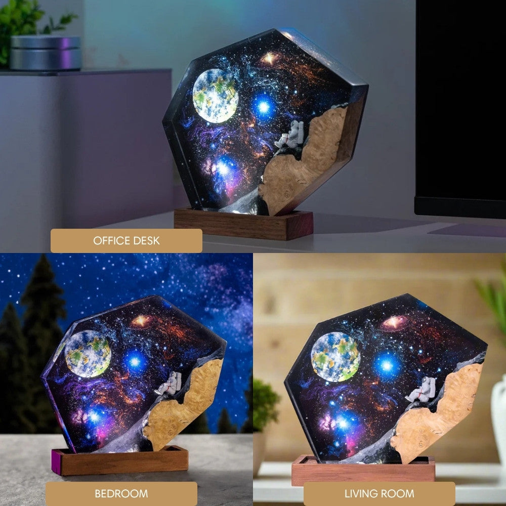 Galaxy epoxy resin wood lamp on a desk as unique home decor — astronaut night light for bedroom or office, handmade cosmic art