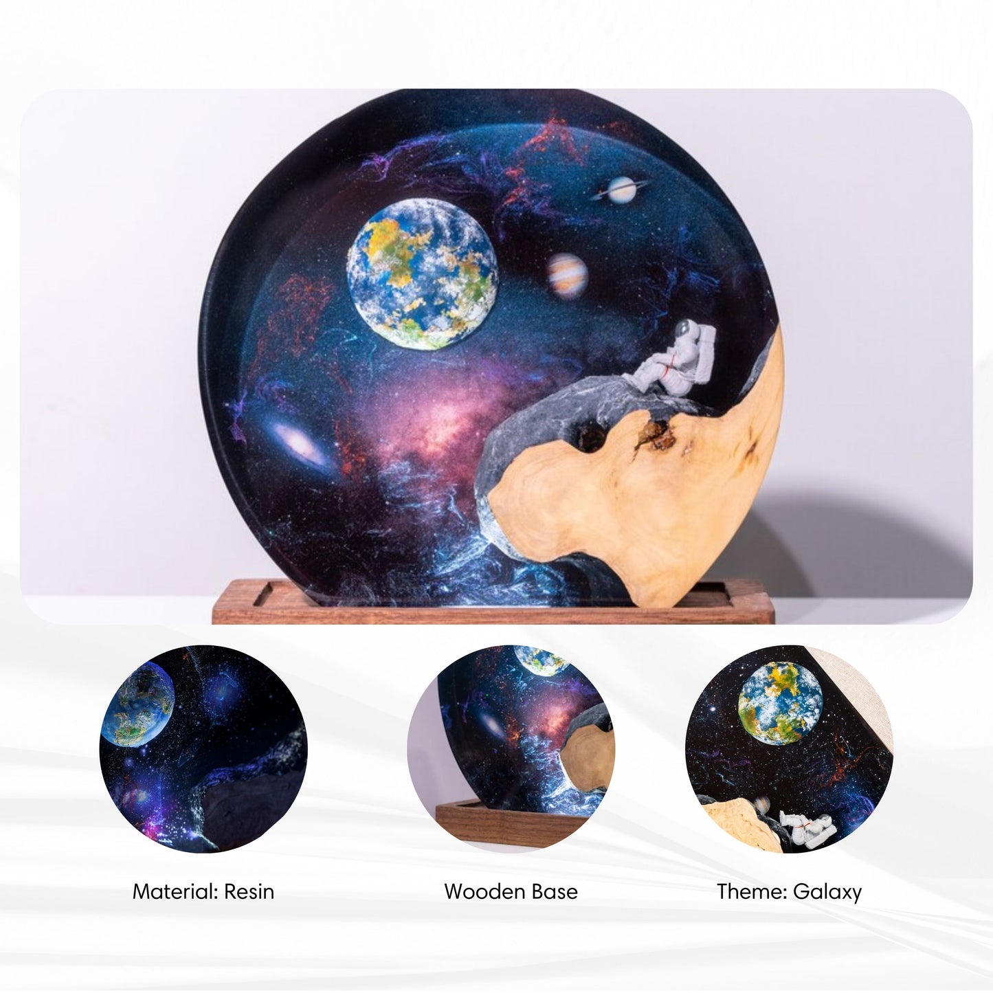 Decorative plate with galaxy design on a wooden base, surrounded by close-up insets showing details.