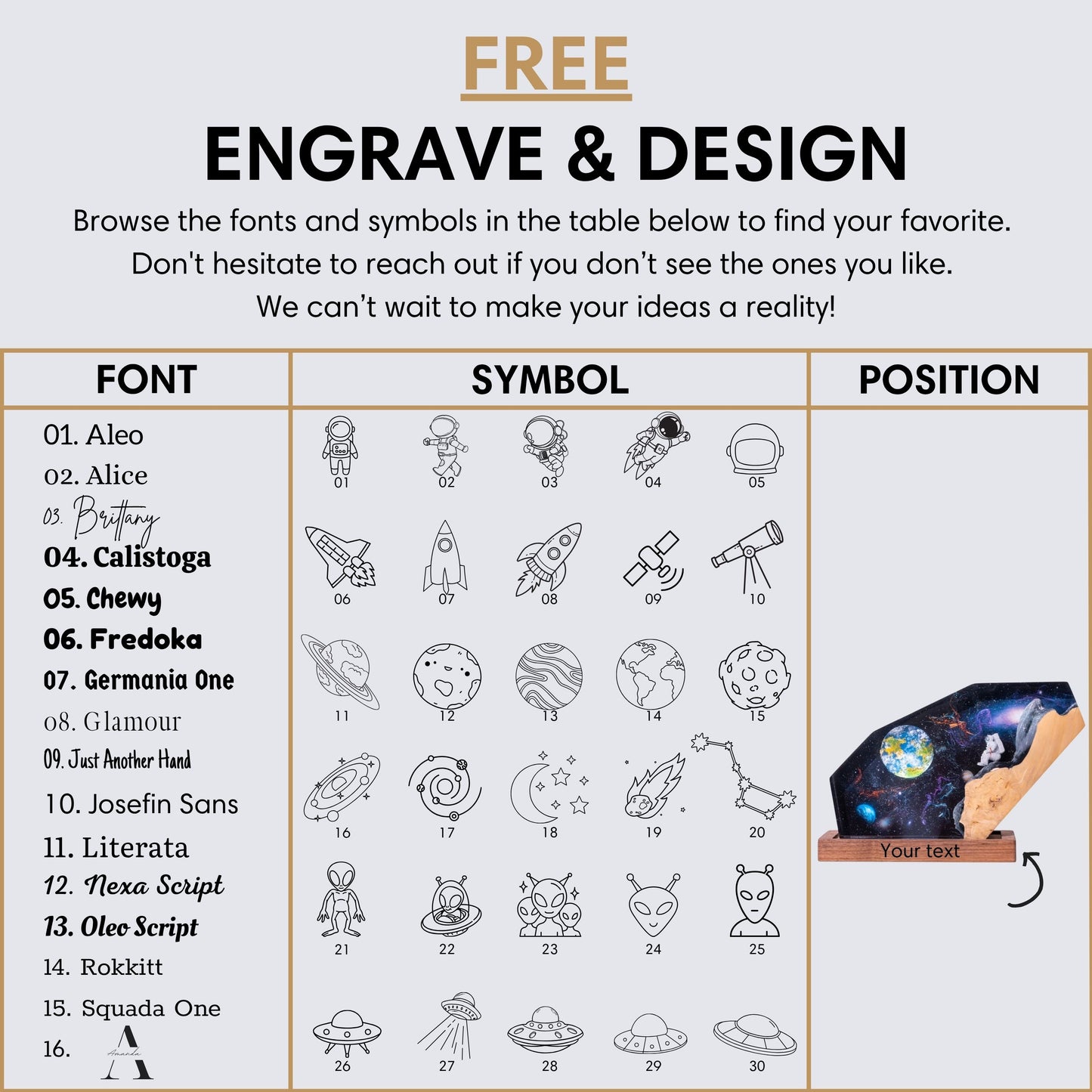 Custom engraving and design options table for the astronaut galaxy resin lamp