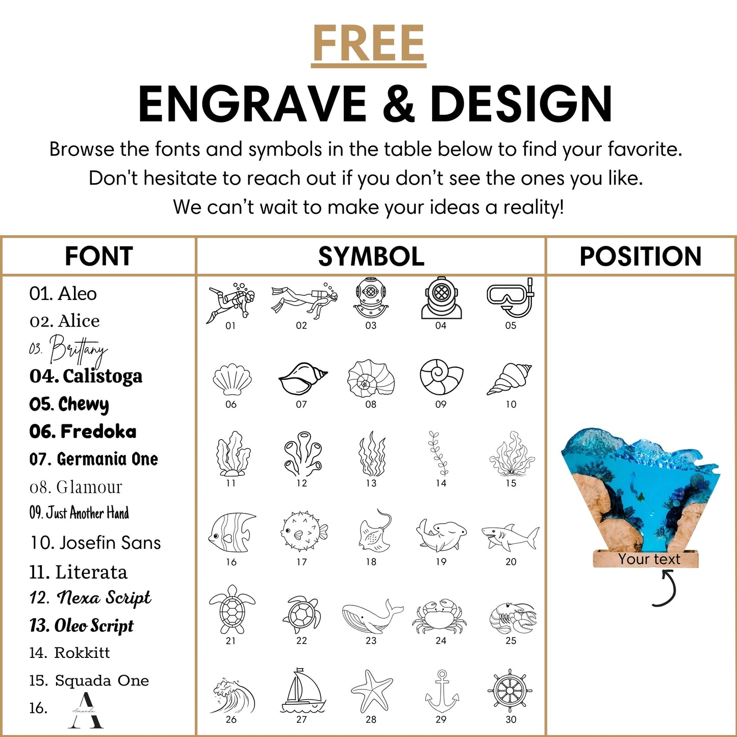 Free personalized engraving for V-shape ocean resin lamp — 16 font styles and 30 sea symbols including mermaid, coral, and anchor