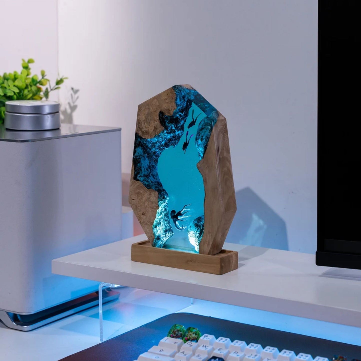 Handmade Octopus and Scuba Diver Ocean Resin Lamp/ Underwater Night Light is perfect for desk decor, gaming room decor, ocean home decor, or a personalized gift for a scuba diver, him, dad, or boyfriend.