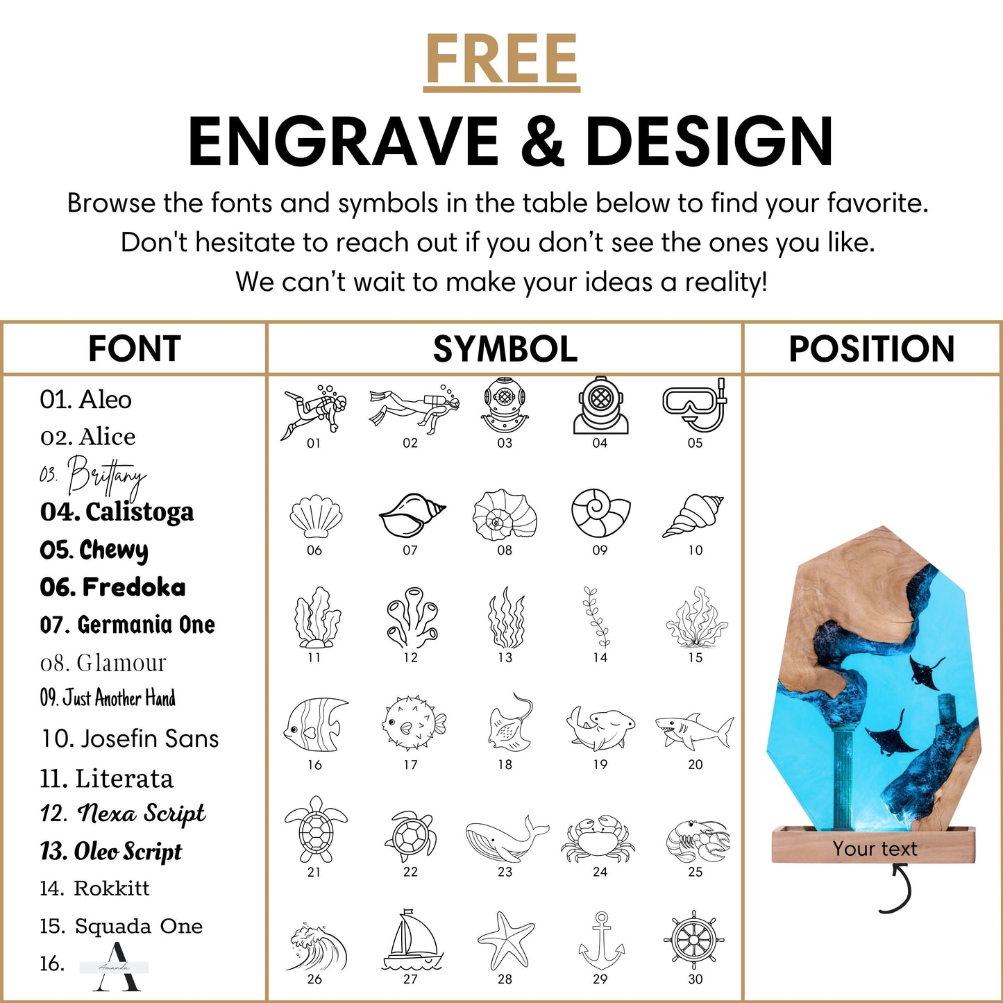 Free personalized engraving for pentagon manta ray resin lamp — 16 font styles and 30 ocean symbols including manta ray, ruins, and anchor