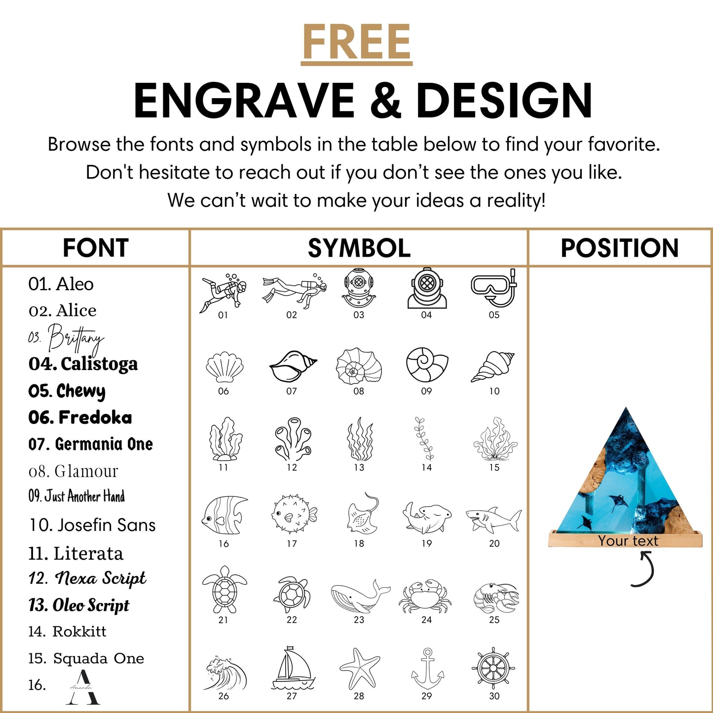 Free personalized engraving for triangle manta ray resin lamp β 16 font styles and 30 ocean symbols including manta ray, anchor, and diver