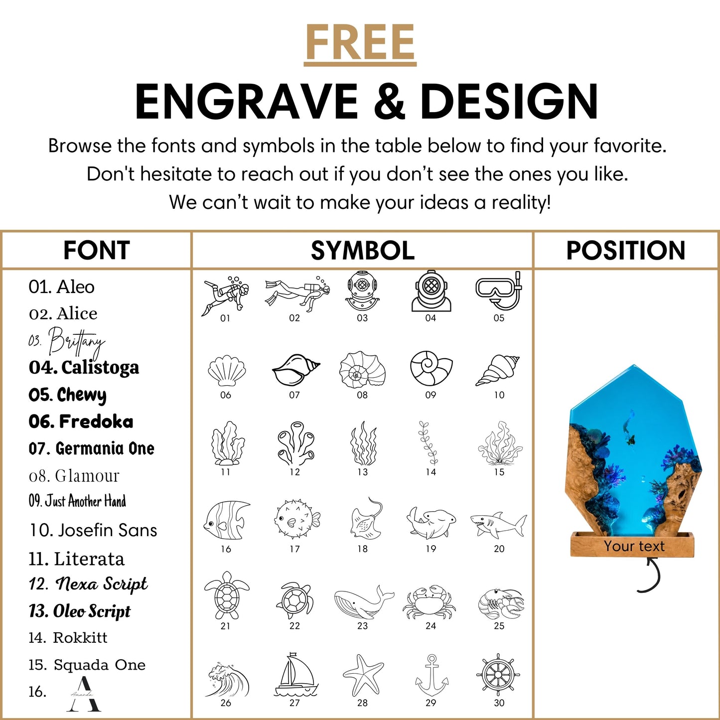 Free personalized engraving options for handmade resin lamp β font styles and ocean-themed symbols including coral, sea turtle, anchor, mermaid, and sailboat