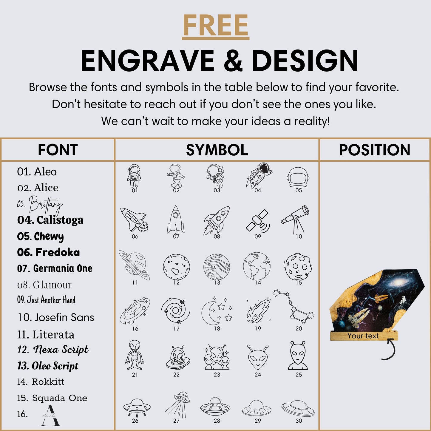 Custom engraving and design options table for the astronaut galaxy resin lamp