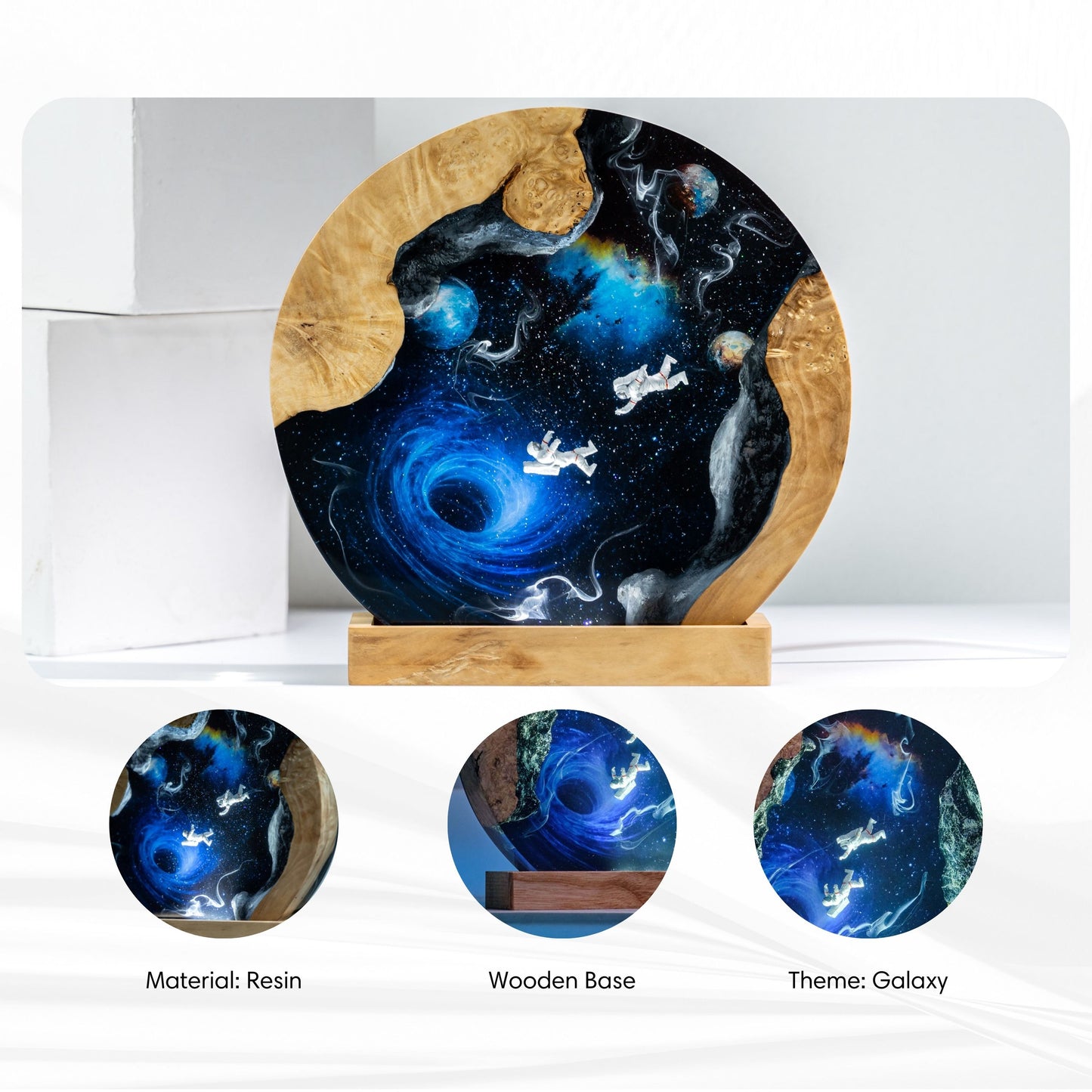 Decorative galaxy resin lamp on a wooden base, surrounded by close-up insets and product details.