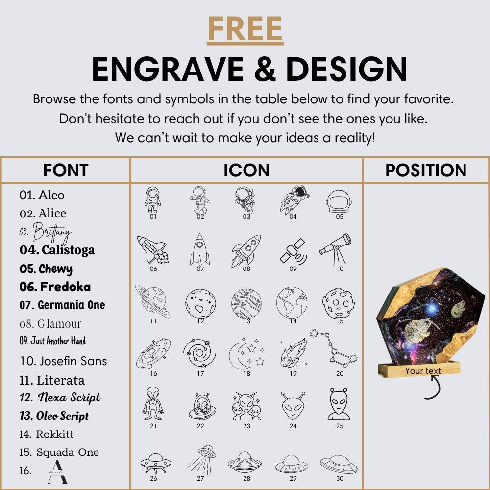 Close-up of engraved details on interstellar resin lamp with custom spacecraft design in galaxy epoxy