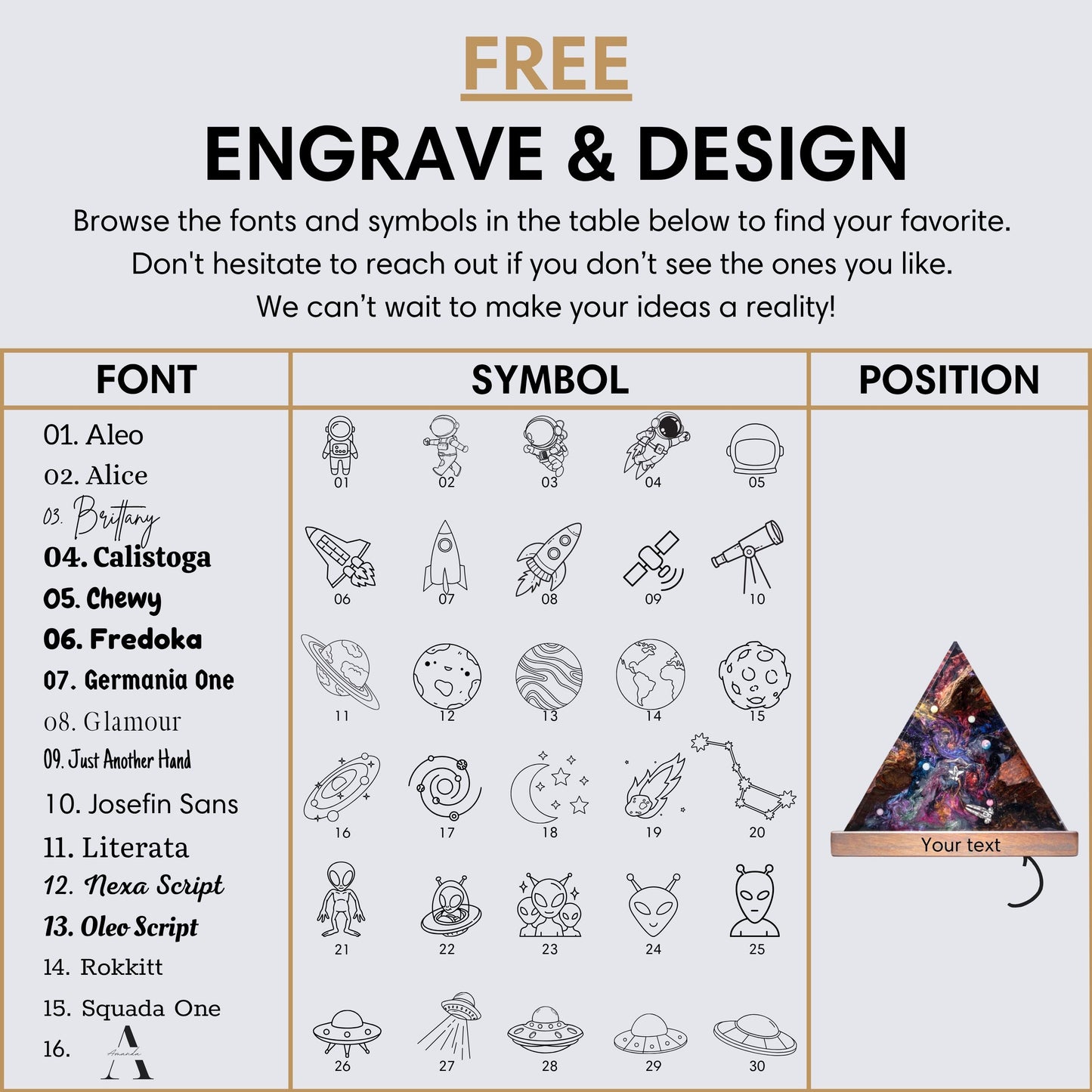 Personalization chart for handmade wood and resin lamps, detailing free engraving options for text, icons, and fonts on the wooden stand.