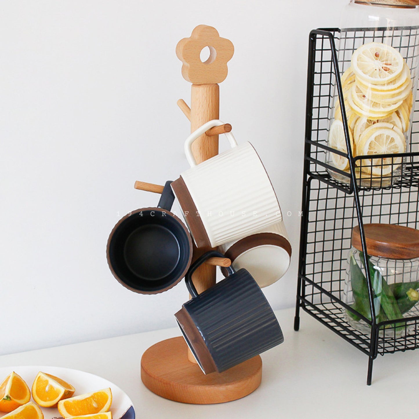 6 Branch Wooden Mug Tree Stand Drying Storage Rack Holder | Countertop Kitchen Organizer