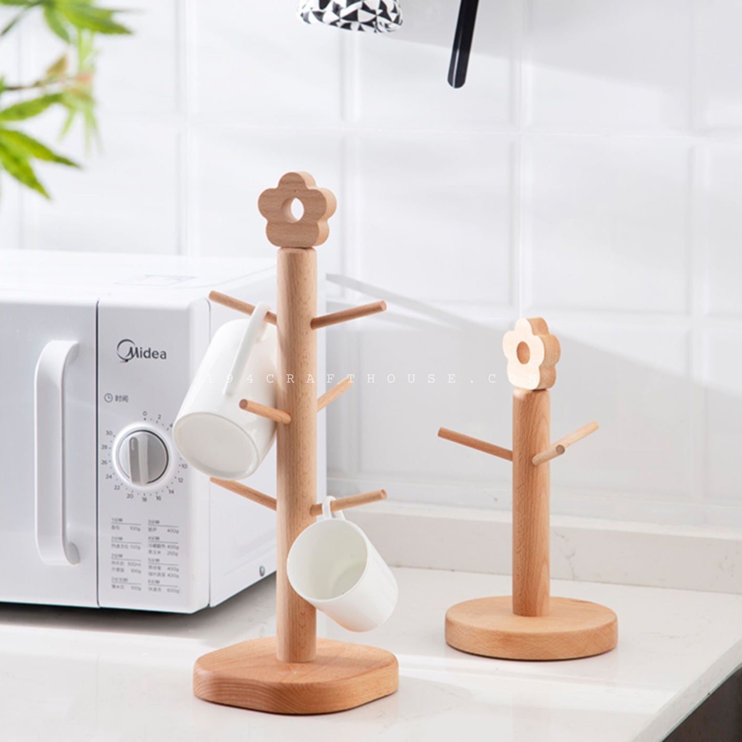 6 Branch Wooden Mug Tree Stand Drying Storage Rack Holder | Countertop Kitchen Organizer