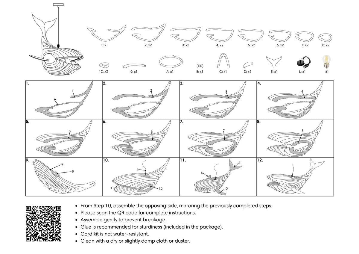 Illustrated assembly instructions showing numbered parts and steps for whale pendant light