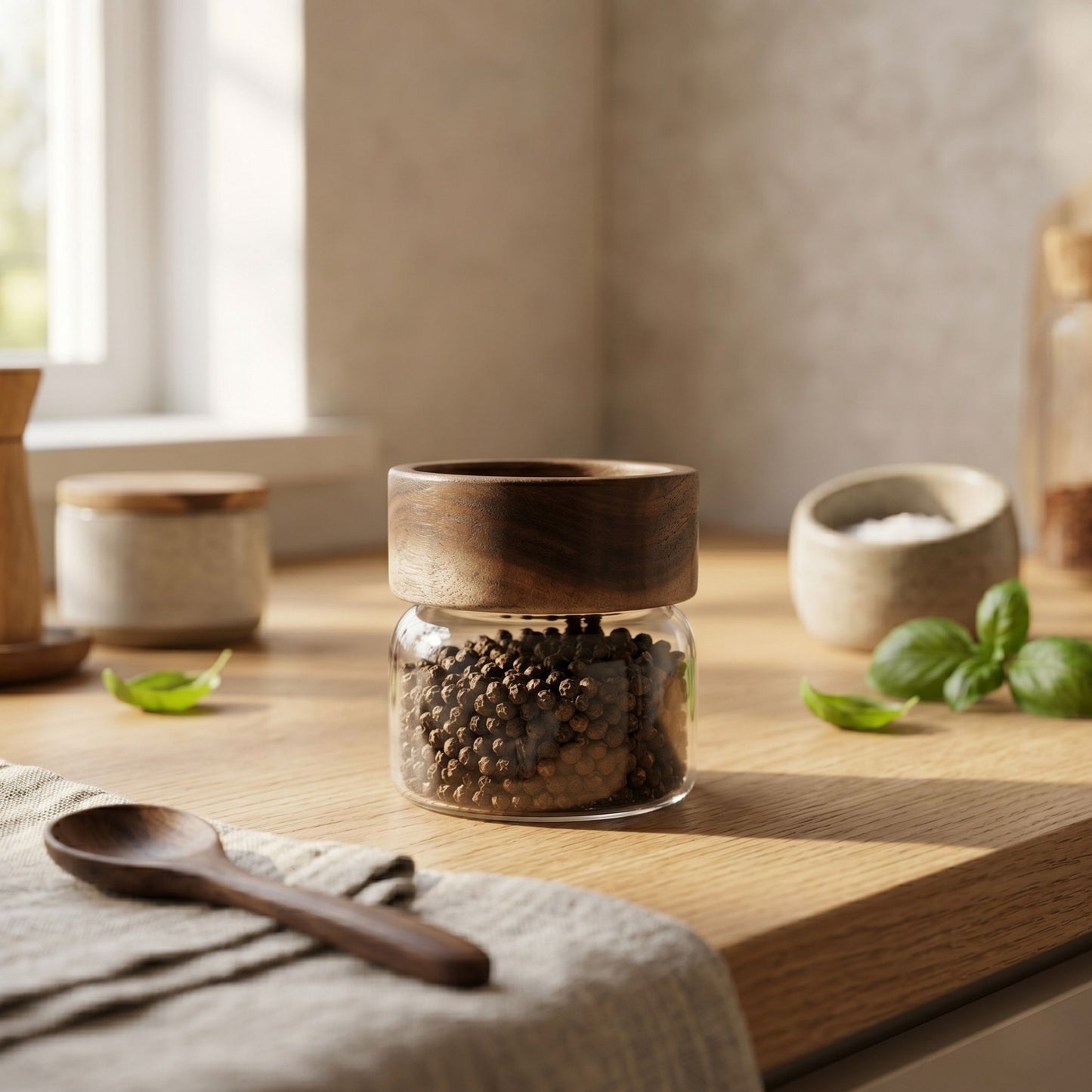 Clear glass pepper mill with a thick, dark wood top, filled with whole black peppercorns, sitting on a sunlit wooden countertop with a rustic kitchen background.