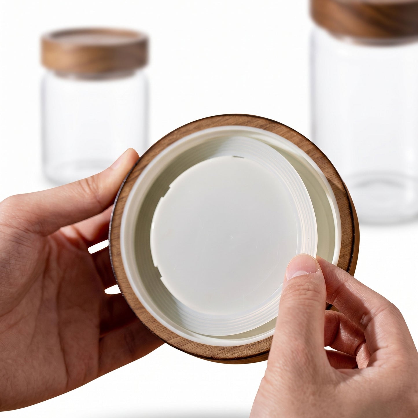 Close-up view of a hand lifting the airtight wooden lid off a clear glass kitchen canister, demonstrating its functional seal.