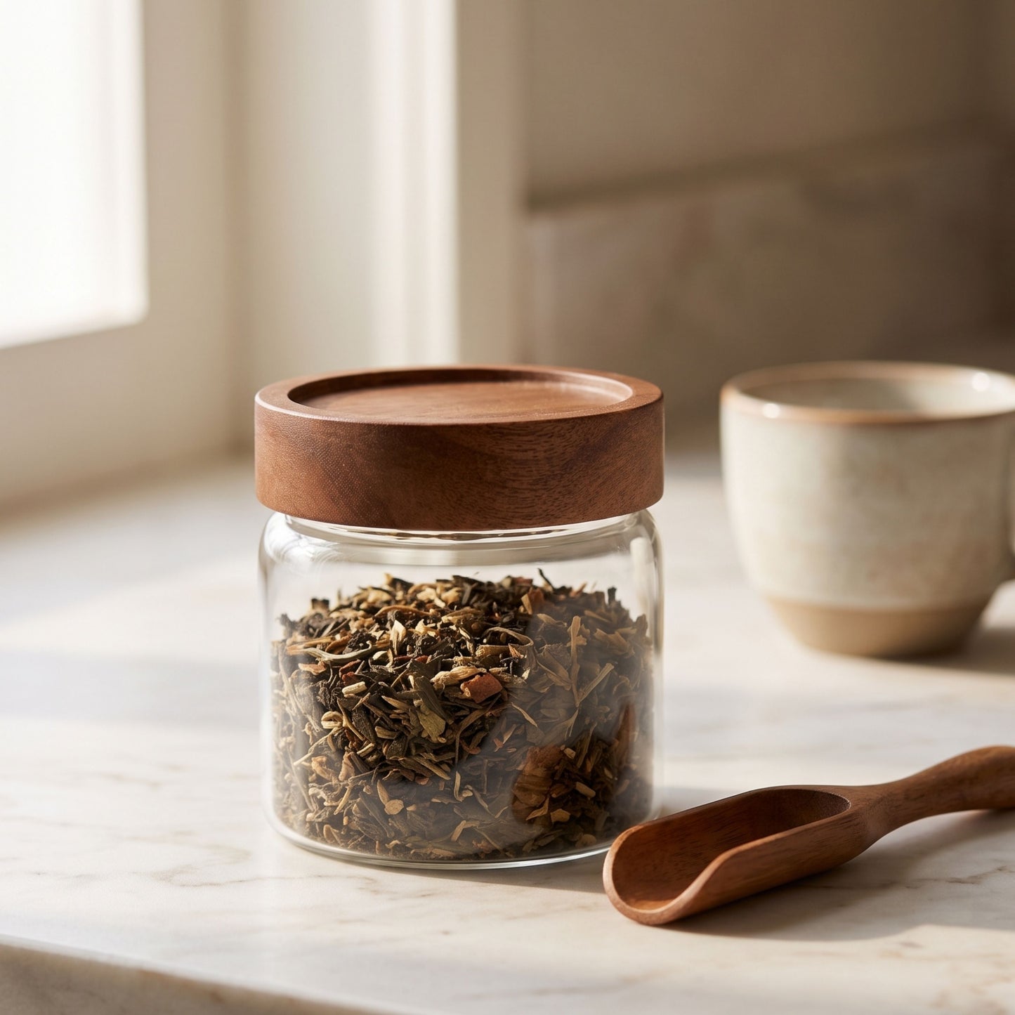 Lifestyle photo of a transparent glass pantry storage container with a wooden lid on a kitchen counter.