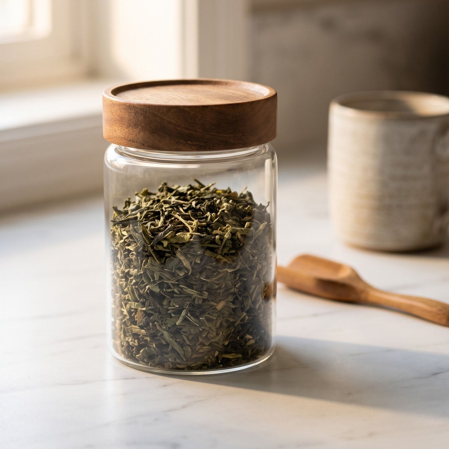 Lifestyle photo of a transparent glass pantry storage container with a natural wooden lid on a kitchen counter.