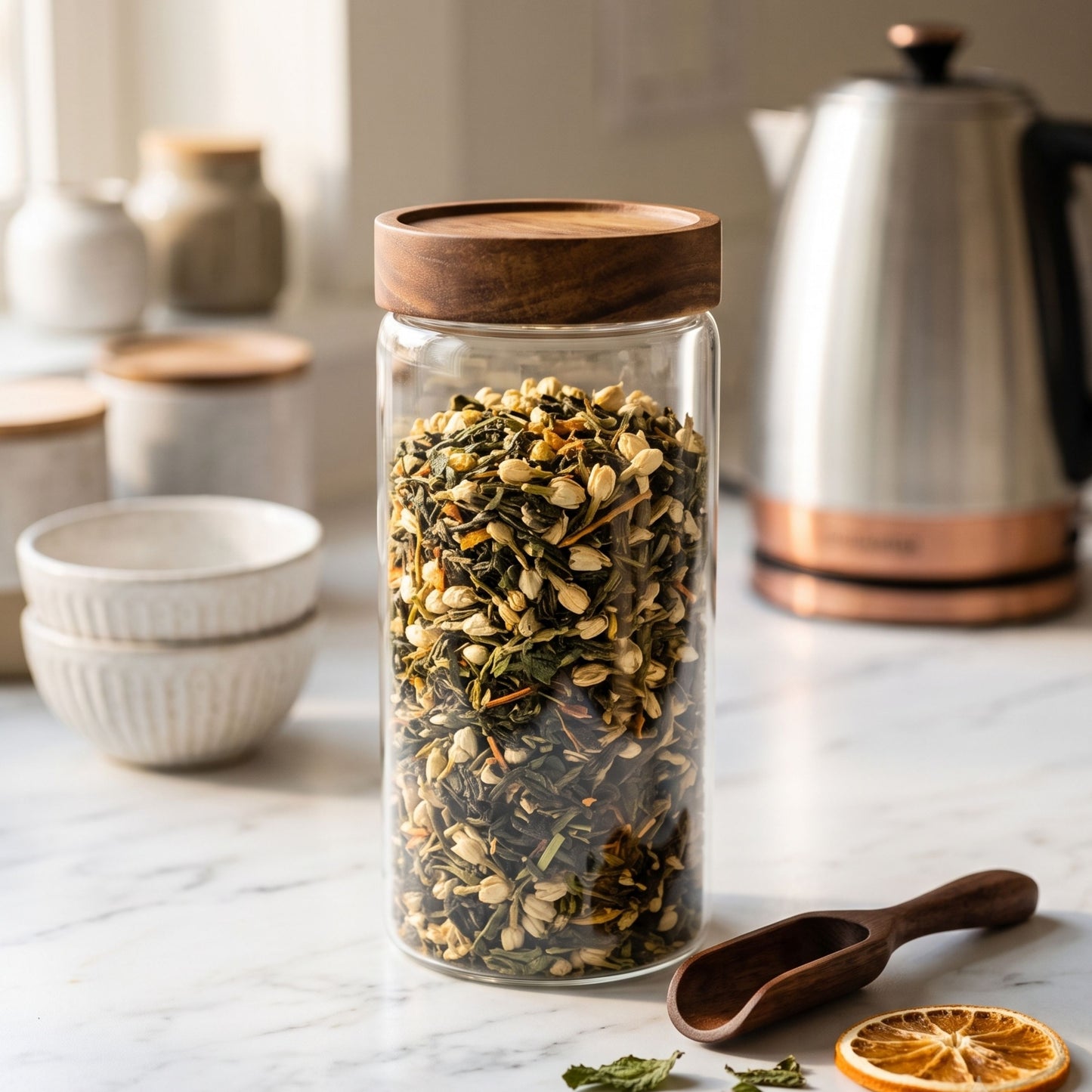 Lifestyle photo of a transparent glass pantry storage container with a wooden lid on a kitchen counter.
