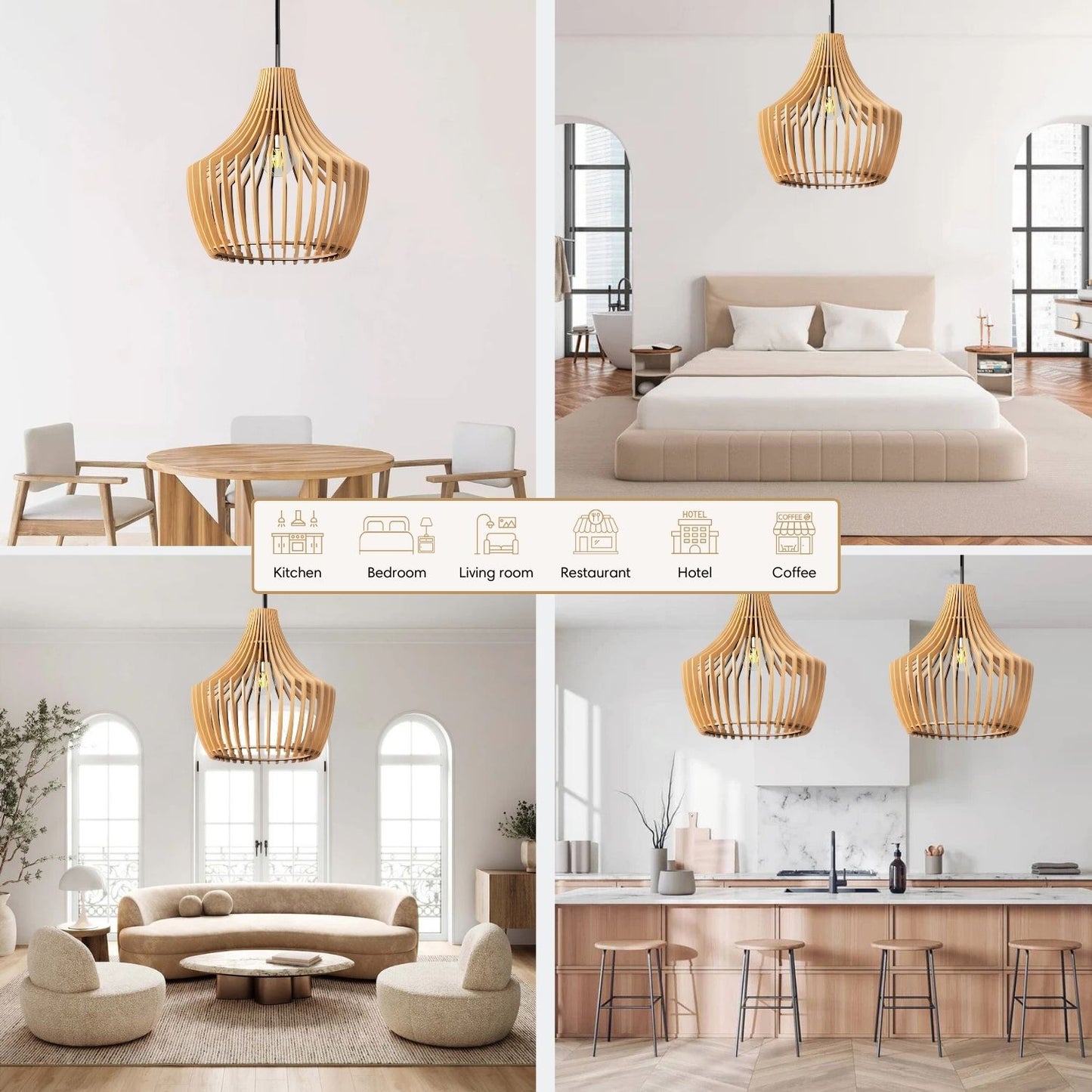 Wood Pendant Light for Table Dining Mid-Modern Century