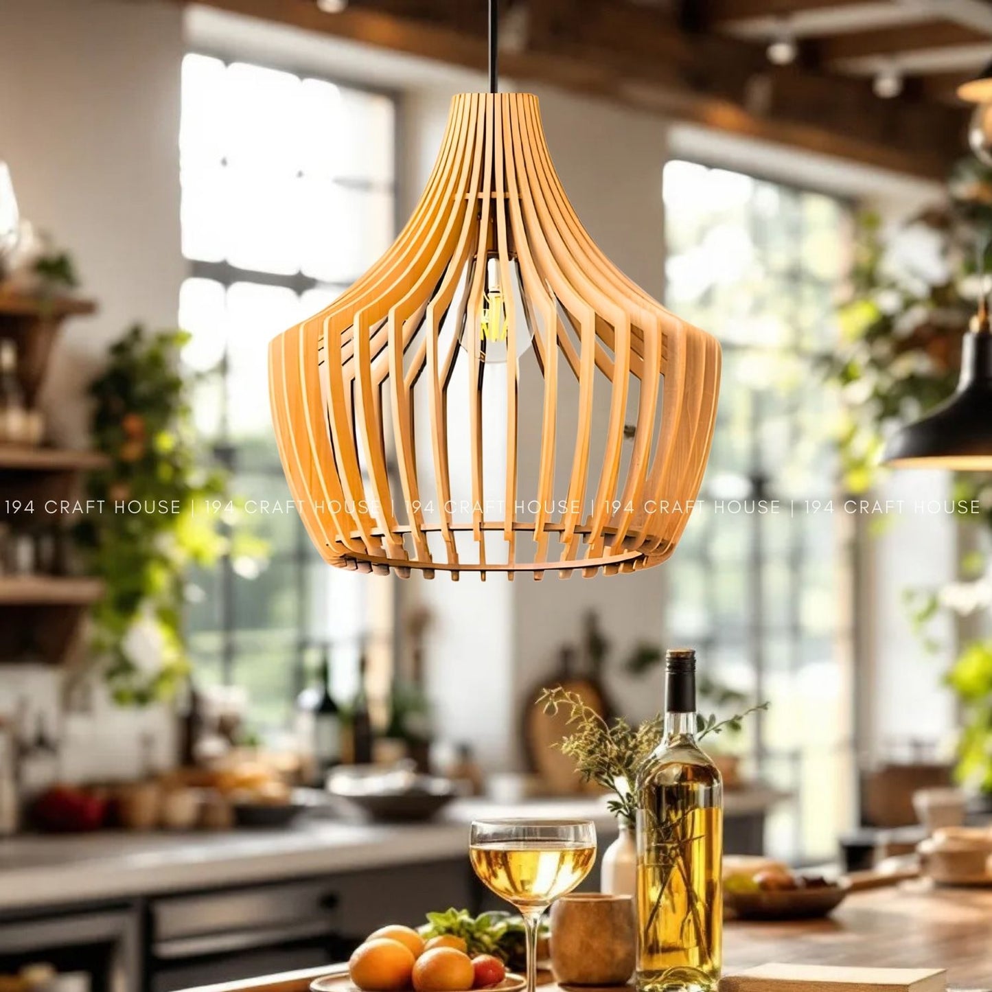 Wood Pendant Light for Table Dining Mid-Modern Century