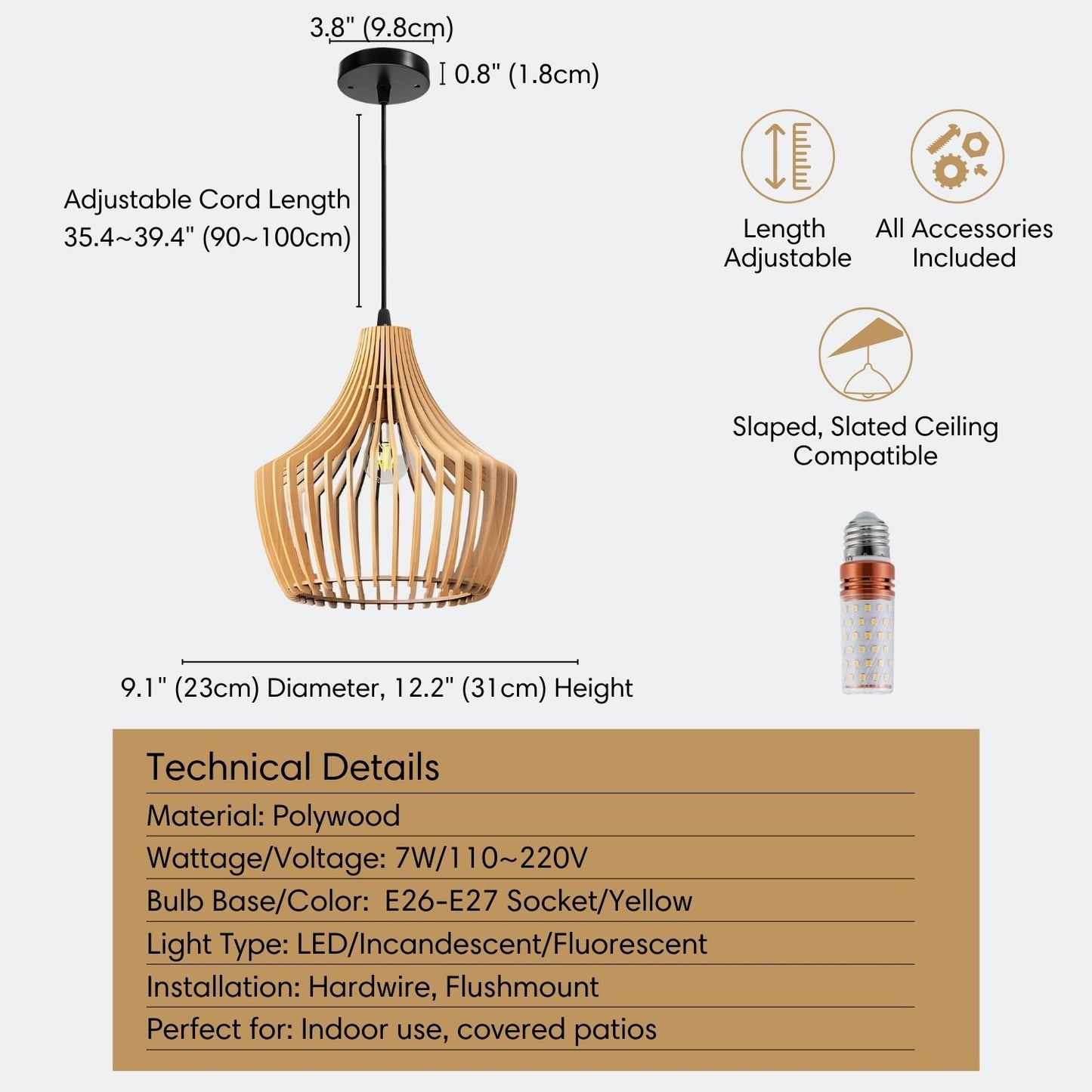 Wood Pendant Light for Table Dining Mid-Modern Century