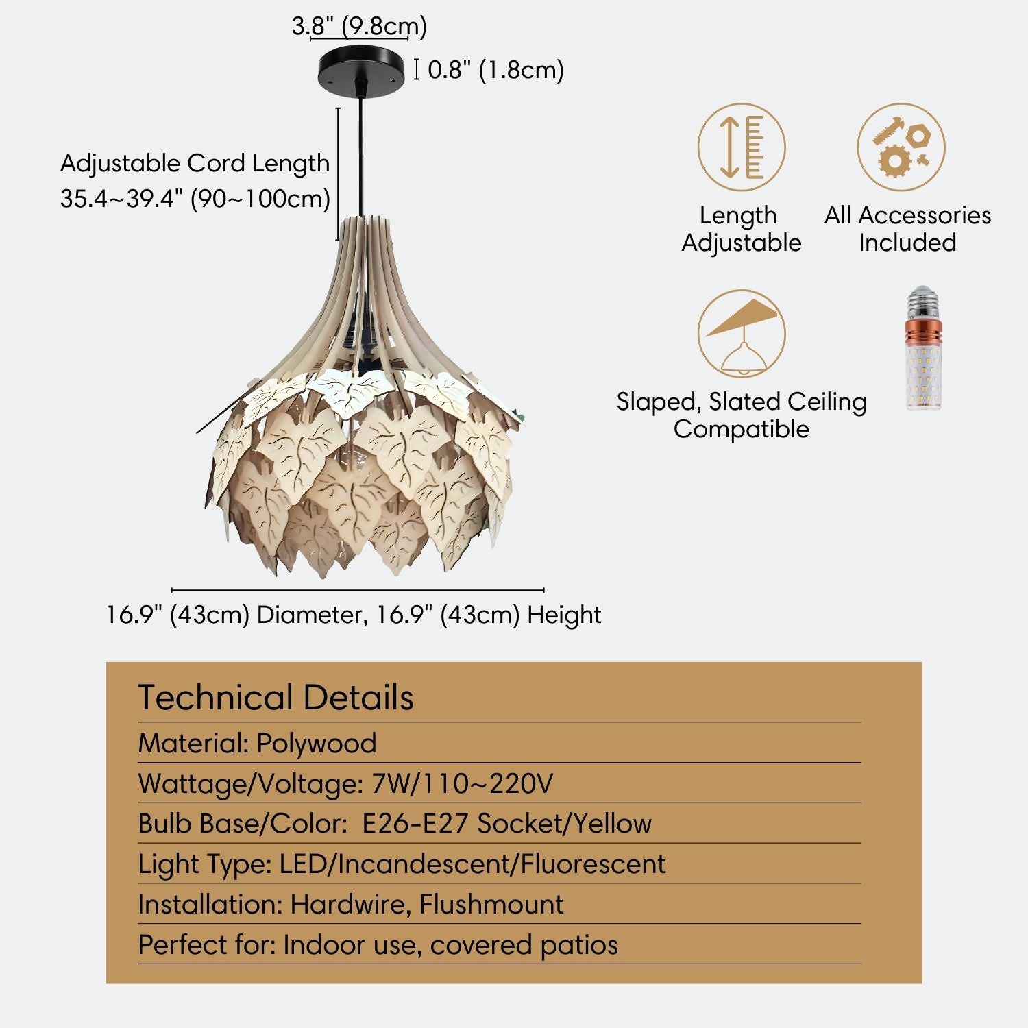 Caladium Bicolor Leaf Wooden Pendant Light Specification