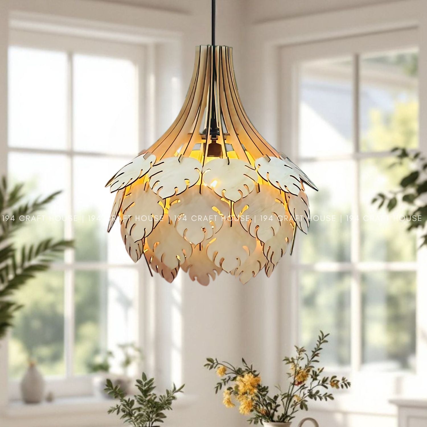 monstera chandelier Monstera Leaf Wood Pendant Light Ceiling Hanging Lamp