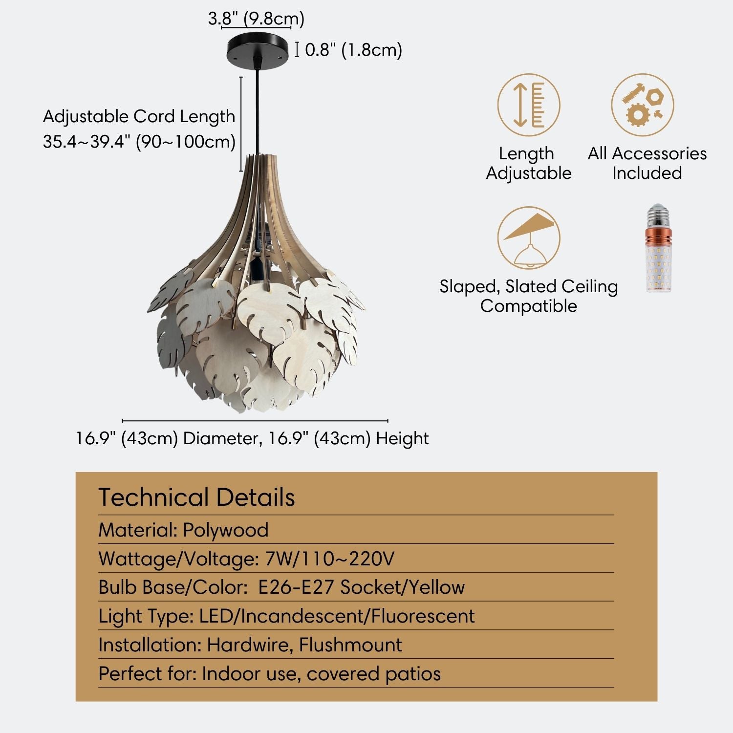 Monstera Leaf Wooden Pendant Light Specification
