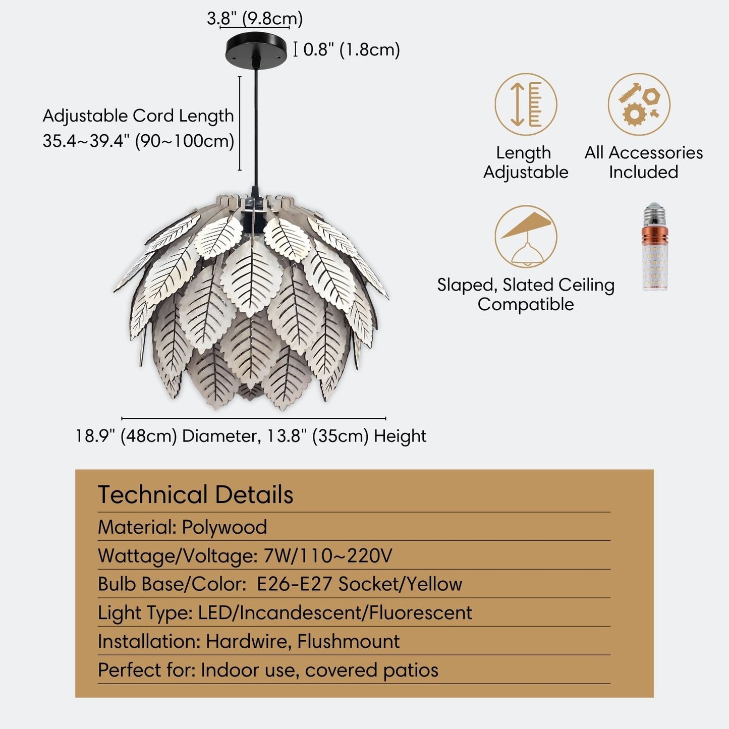Wood Pendant Light Fixture Leaf Shape for Home Decor
