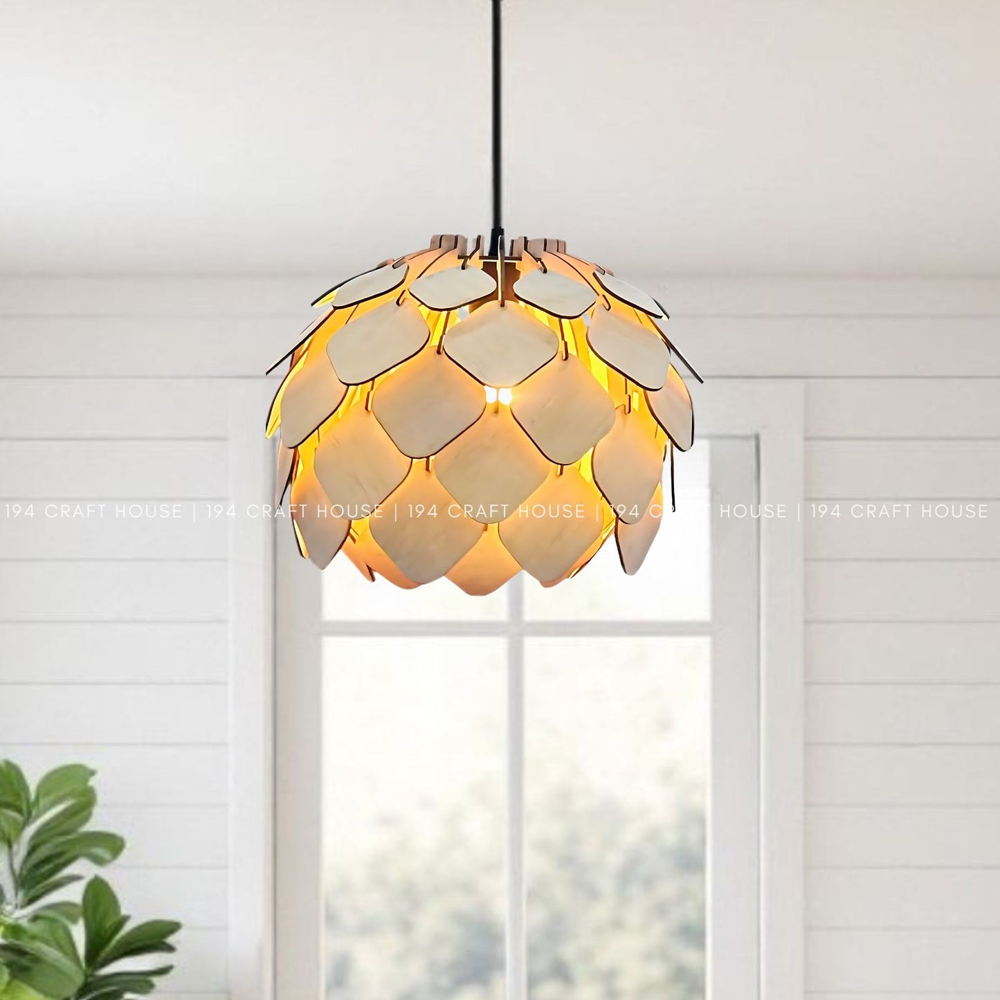 Wood Pendant Light Round Pinecone Shape