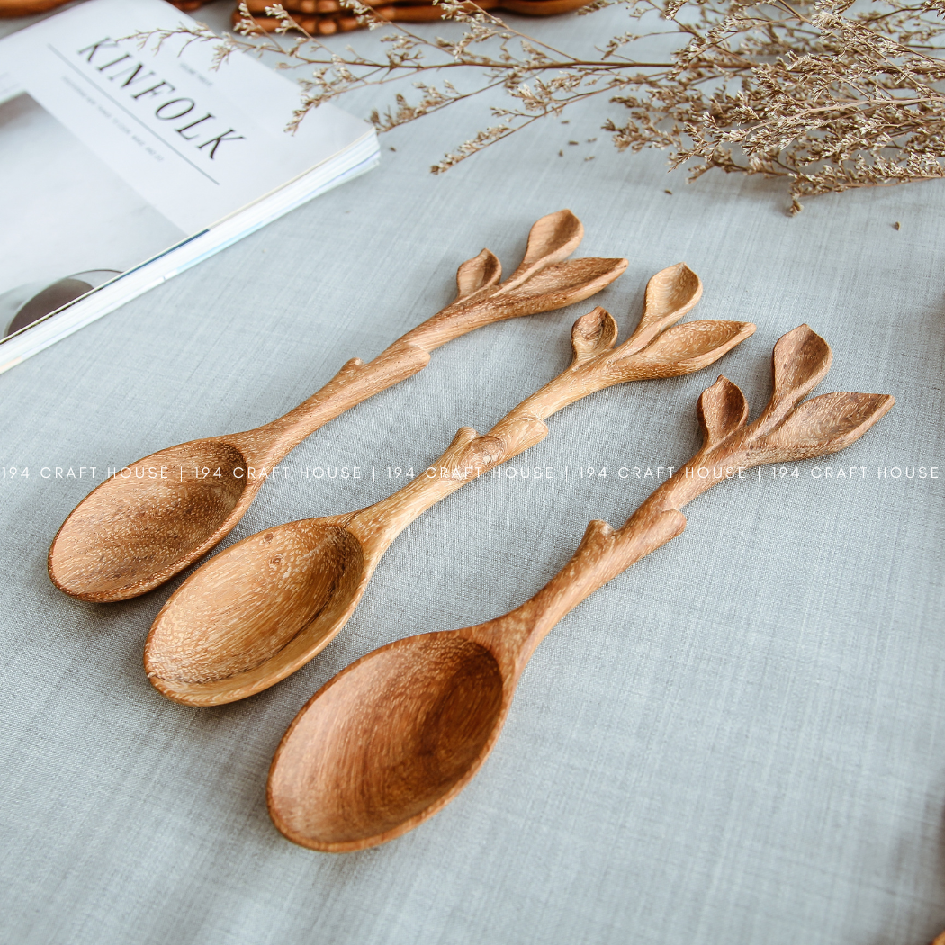 Artisan Leaf Handle Wooden Spoon - Kitchen Serving Utensils