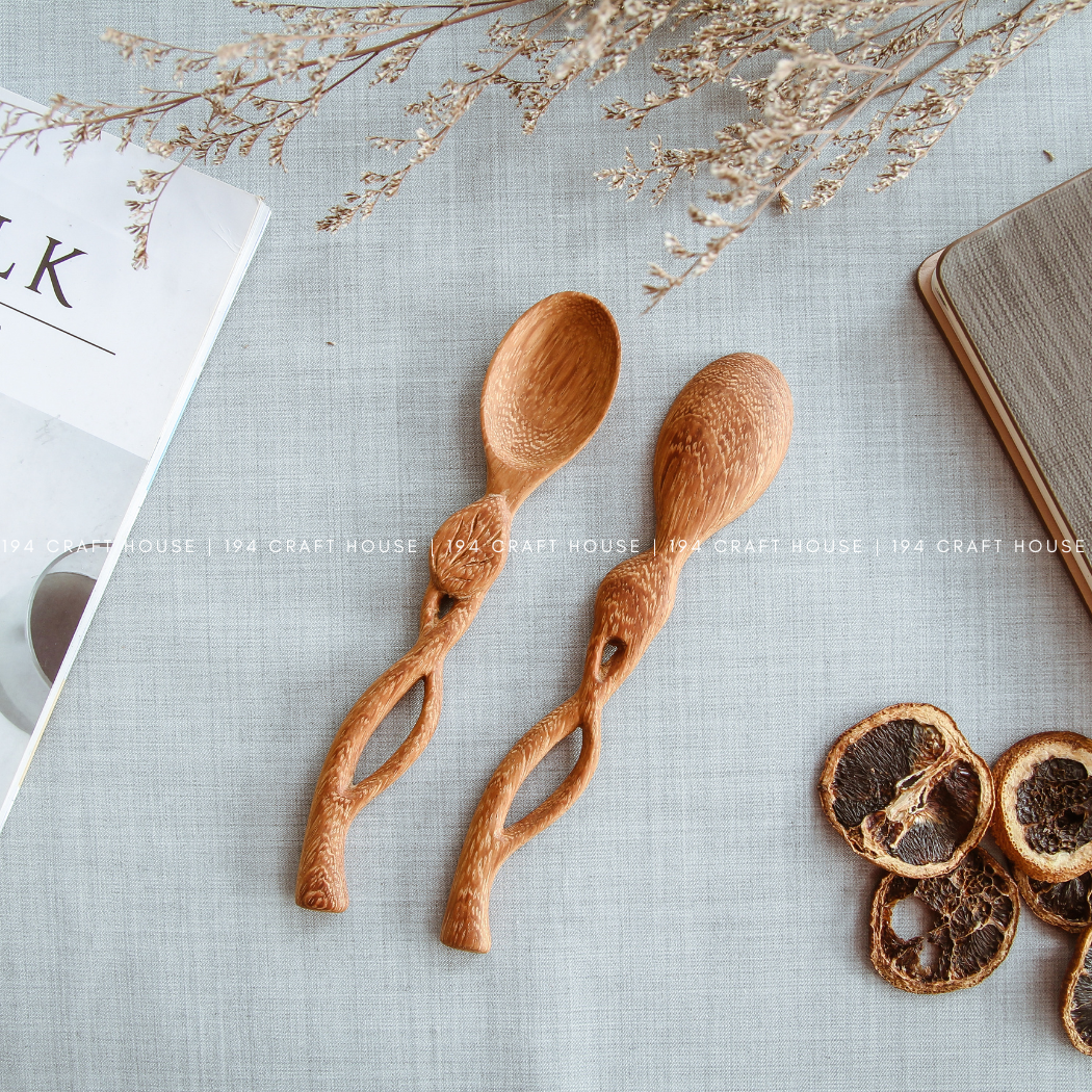 Handcrafted Leaf Handle Wooden Spoon - Kitchen Serving Utensils