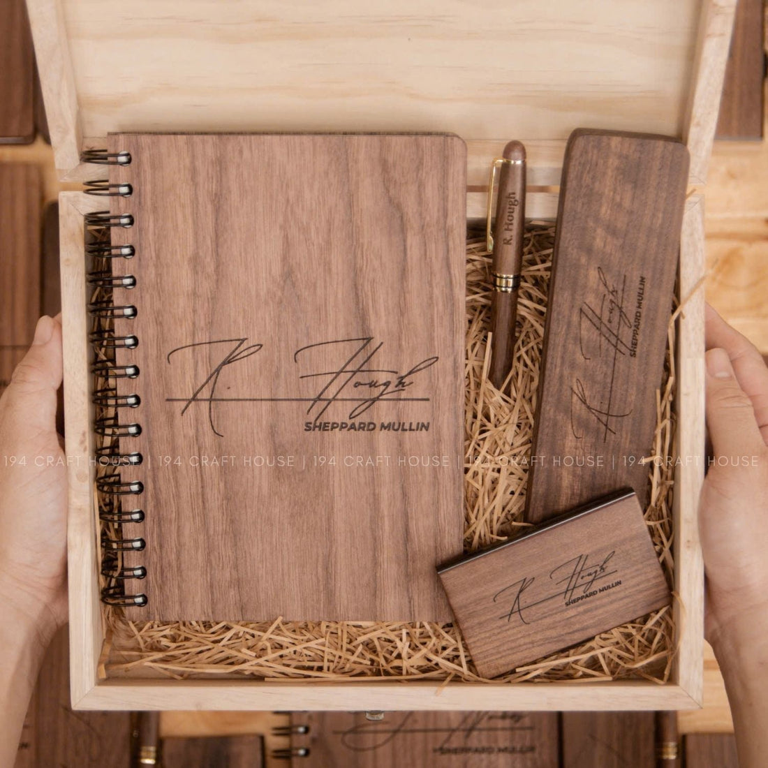Wooden Office Set With Wooden Pen and Case, Notebook, Business Card Holder Engraved Logo and Name -  Personalized Corporate Gift for Sheppard Mullin