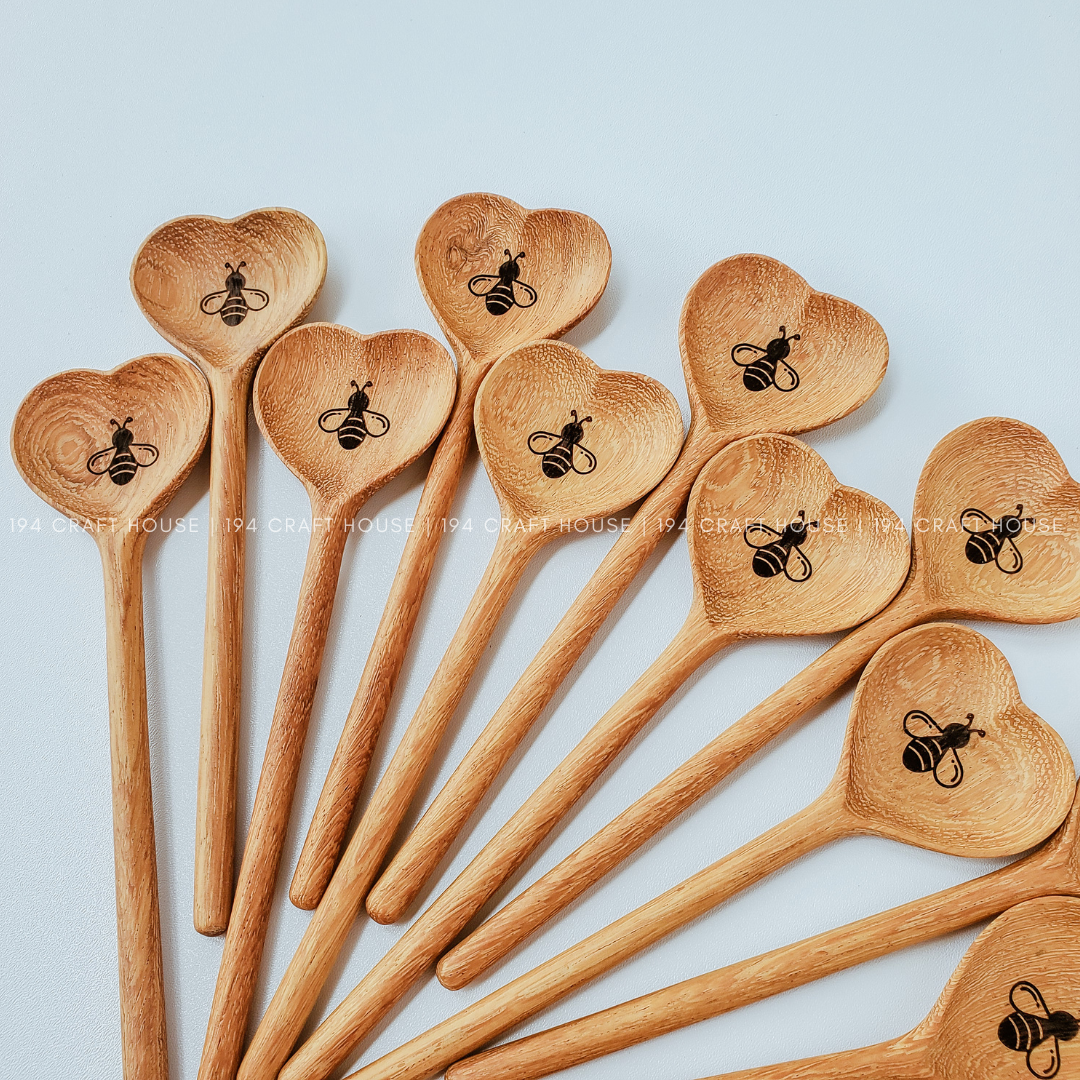 Bee Engraved Wooden Heart Spoon - Kitchen Serving Utensil