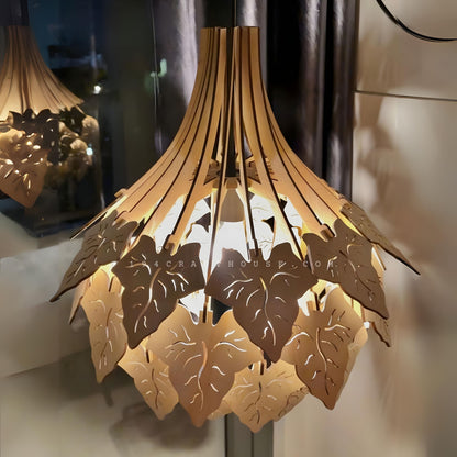 Caladium Bicolor Leaf Wood Pendant Light for Dining Room, Night Light Fixture Vintage Decor