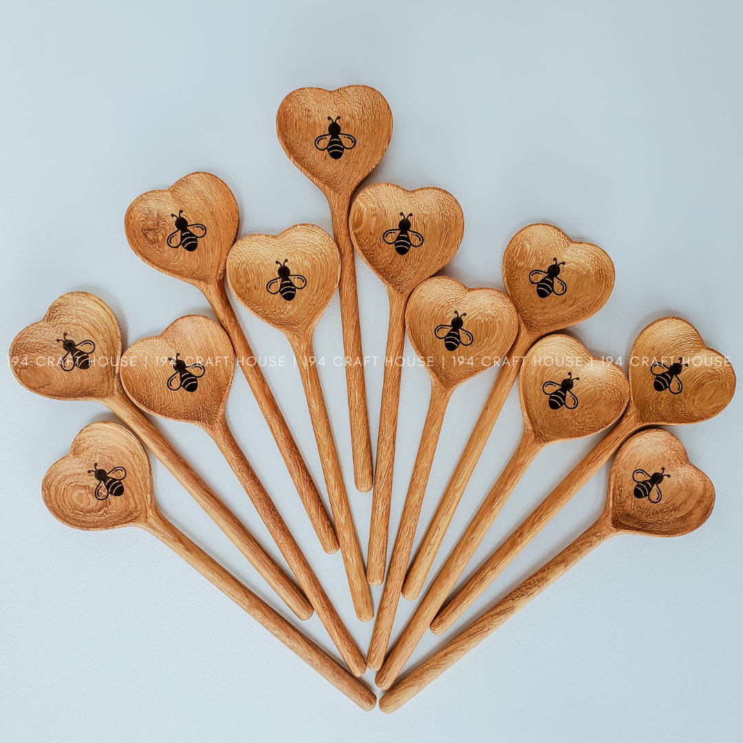 Bee Engraved Wooden Heart Spoon - Kitchen Serving Utensil