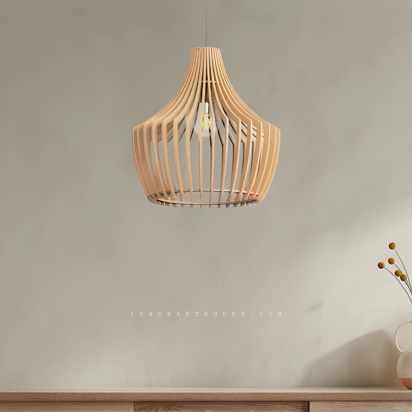 Mid-Modern Century Wood Pendant Light for Dining Room, Lampshade Suspension Lighting Cage