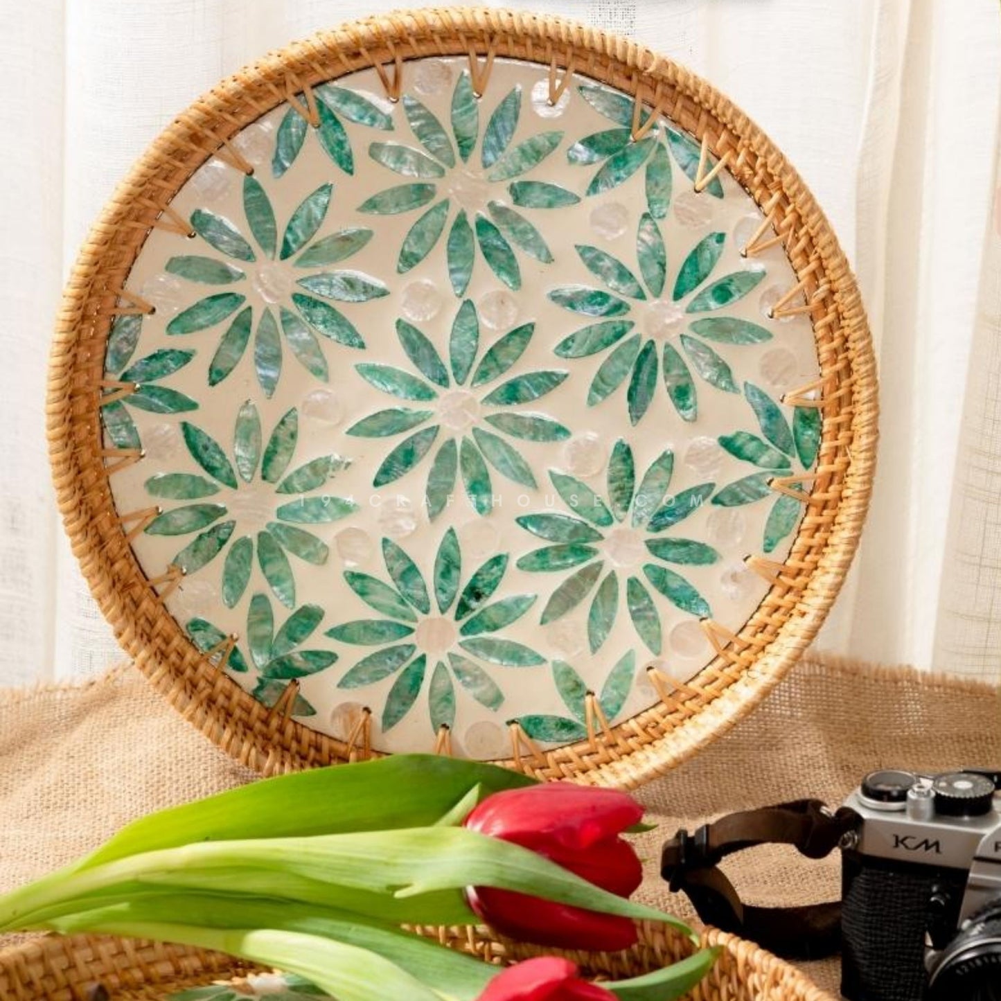 Green Flower Pattern Woven Round Rattan Tray With Mother of Pearl Inlay