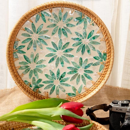 Green Flower Pattern Woven Round Rattan Tray With Mother of Pearl Inlay