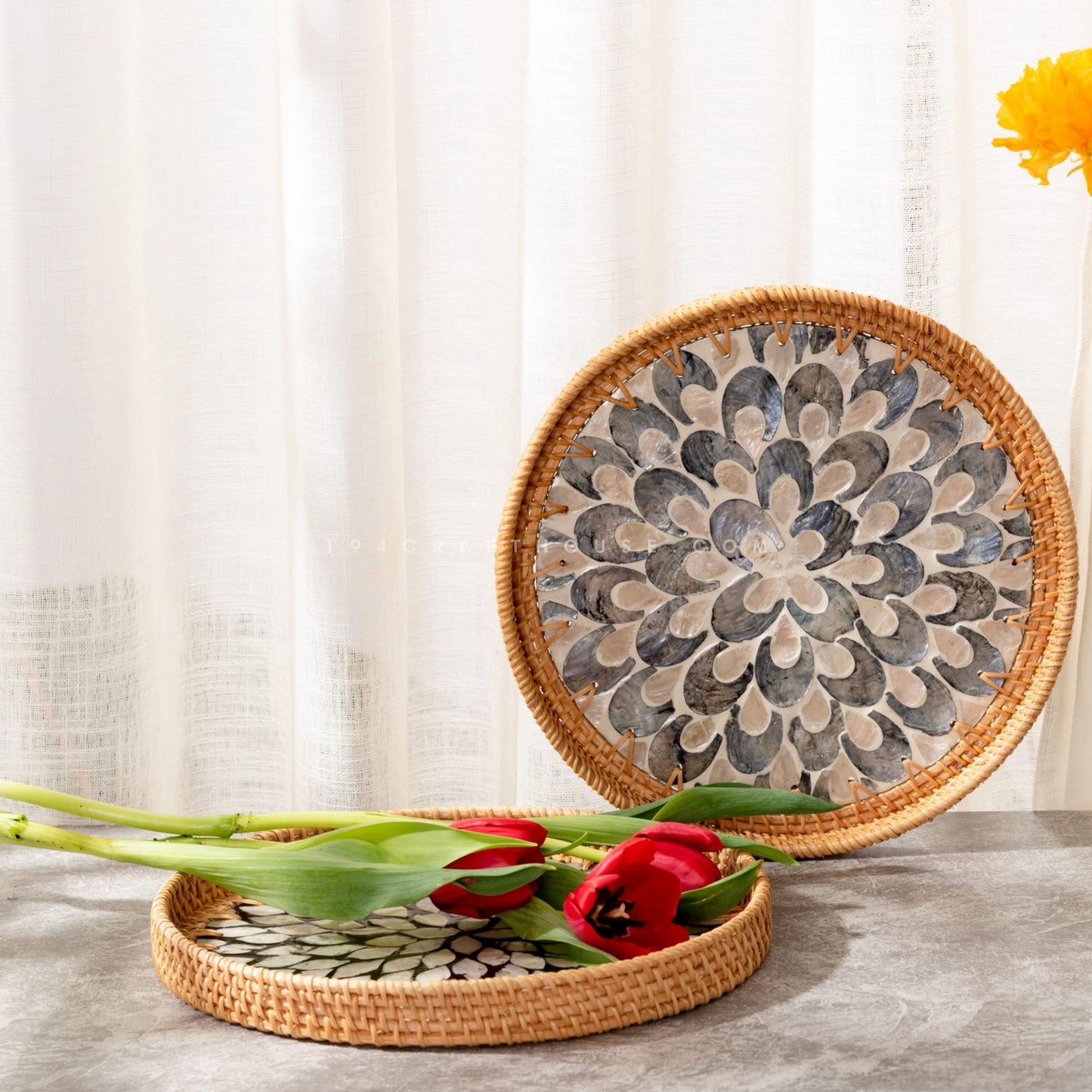 Woven Round Rattan Tray With Mother Of Pearl Inlay Various Size And Pattern