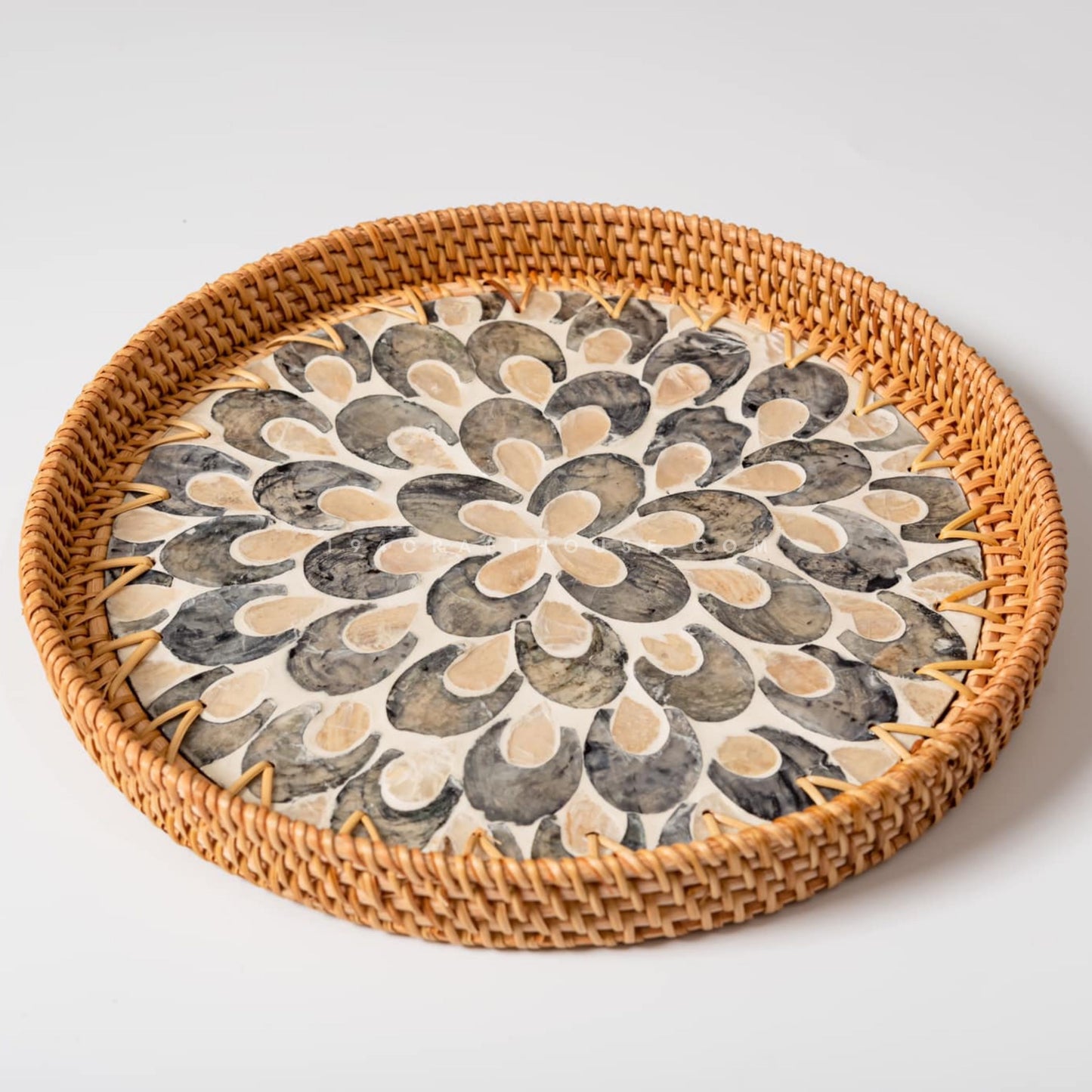 Handwoven Round Rattan With Mother of Pearl Inlay Tray