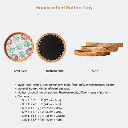 Round Mother of Pearl Inlay Rattan Tray For Home Decoration