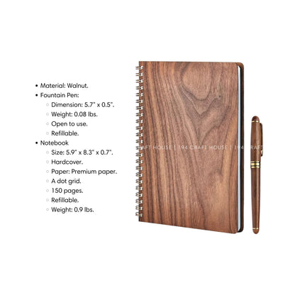 Walnut Wooden Notebook and Pen Set: Custom Engraved Company Logo, Name, Message for Personalized Gifts, Corporate Gifts for Employees Appreciation, Promotion Gifts, Event Gifts