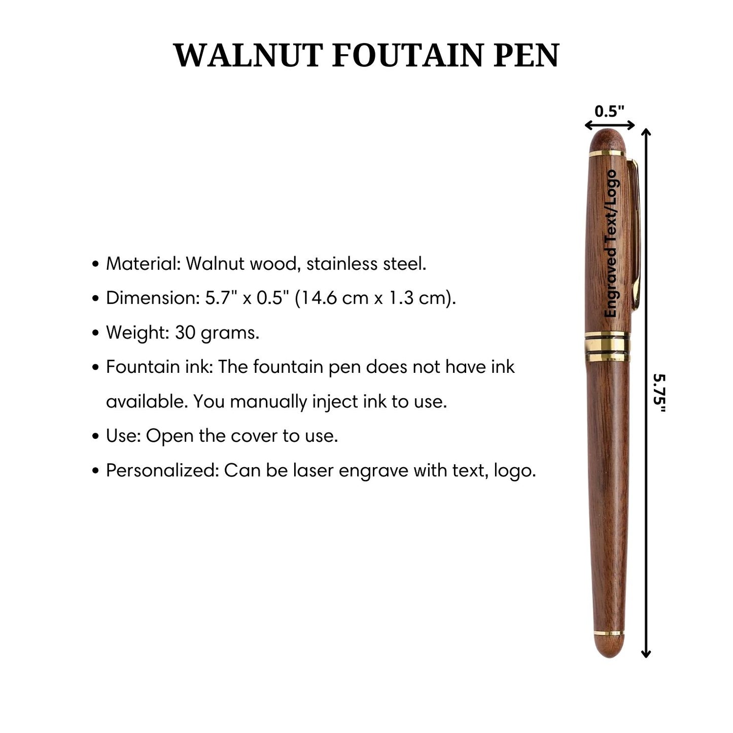 Handmade Walnut Wooden Fountain Pen -Personalized