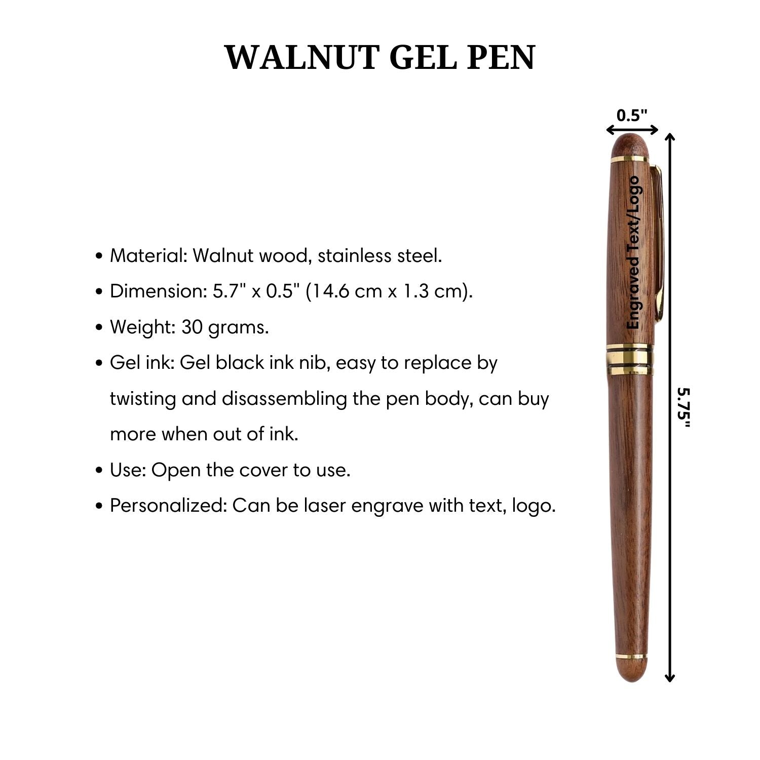 Walnut Wooden Gel Pen - Custom Engraved Company Logo/ Name