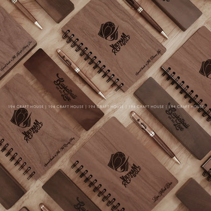 Walnut Wooden Ballpoint Pen and Case With Notebook Set