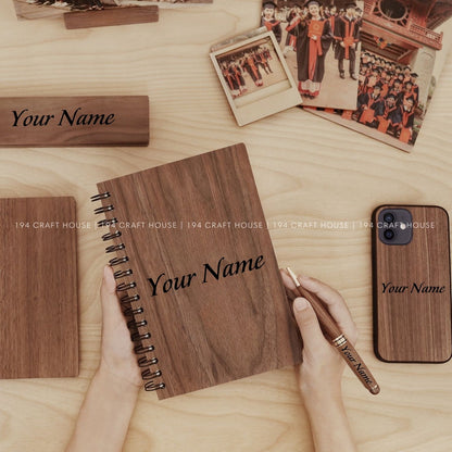 Walnut Spiral Notebook & Ballpoint Pen Engraved Logo