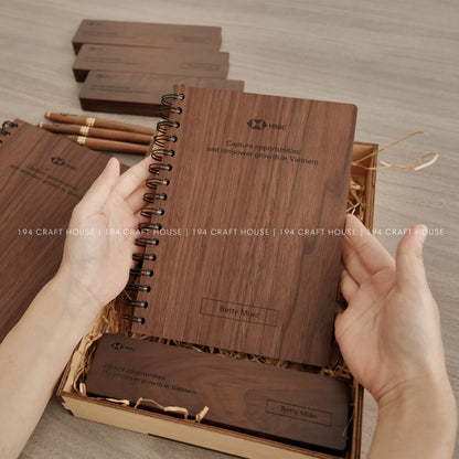 Custom Company Logo Engraved Wooden Sprial Notebook