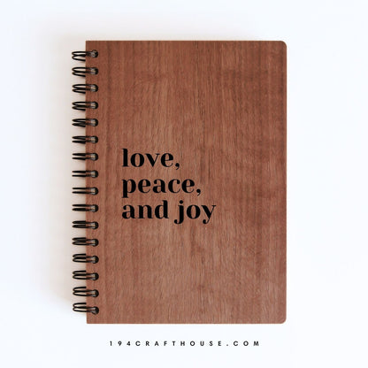 Love, Peace And Joy Engraved Wooden Notebook A5 Size