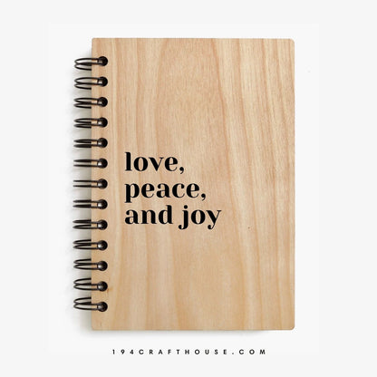 Love, Peace And Joy Engraved Wooden Notebook A5 Size