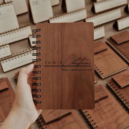 Custom Engraved Wooden Journals & Spiral Notebooks A5 Personalized Gift for Teacher